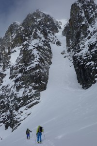 Chris Marshall and Oyvind Henningsen approach the Aussie Couloir on Mt. Joffre