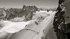 Descending the narrow trail from the top of the Aiguille du Midi