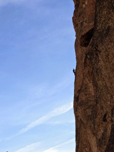 High on Sky Ridge (5.8 R) on Smith Rock Group. (Photo by Carter Grotbeck)