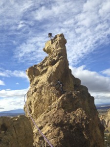 The awesome summit tower of the Cave Route (5.7) in high winds. Brogan Spire area in the Marsupial Crags.