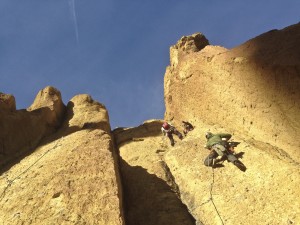 Getting warmed up with some sunny, caterpillar-style multi-pitch climbing on Smith Rocks welded tuft.