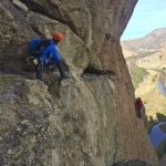 An exercise in fall line management - the long traverse pitch on Sky Ridge (5.8 R)