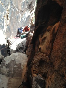 Jerome Smart and Tom Hargis at a belay on Beulah’s Book. Note the bird’s nest on the right side!