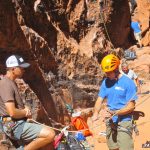 Adam Butterfield teaches Dale how to use a Mammut Alpine Smart belay device