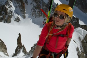 Caroline Gleich ascending the south couloir of the Aiguille de Chardonnay in the French Alps.
